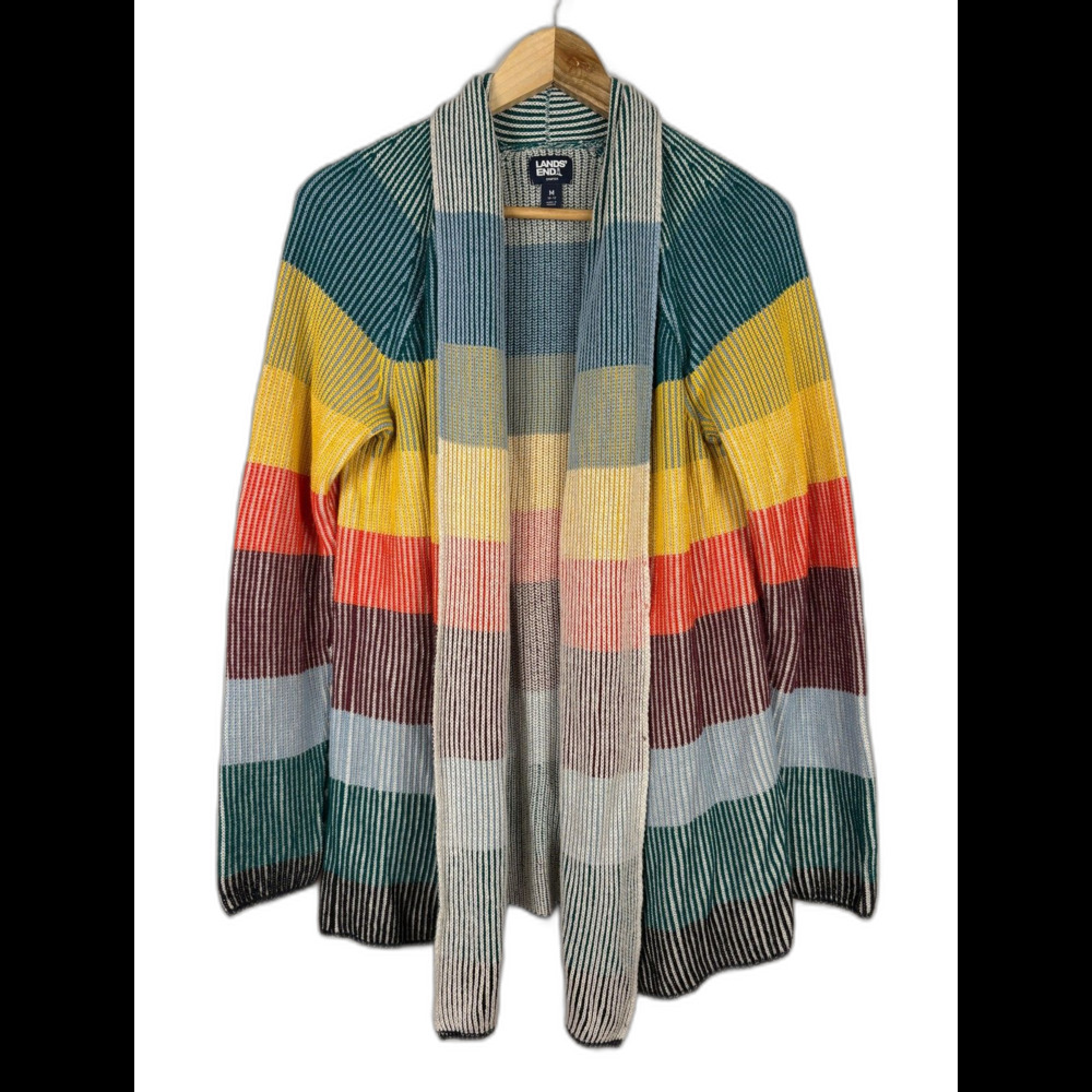 Lands End Drifter Cardigan Sweater Women Size Medium Rainbow Stripe Knit Preppy